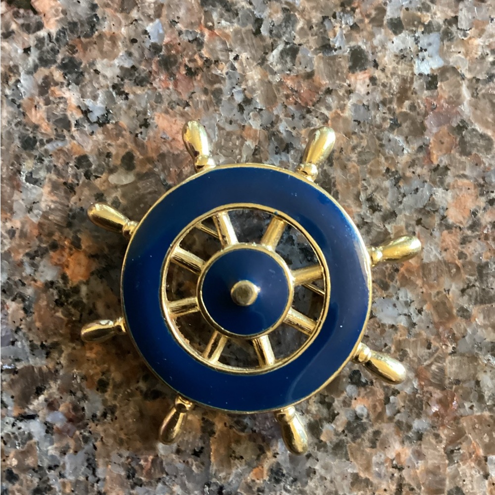 TRIFARI Ships Wheel Brooch Gold and Navy